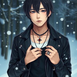 A young Japanese male with straight, medium-length hair, dressed in a stylish leather jacket over a tank top, standing in a snowy winter setting