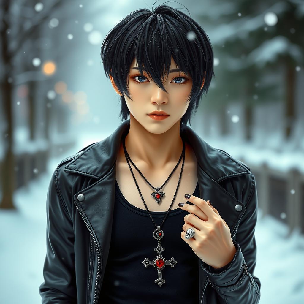 A young Japanese male with straight, medium-length hair, dressed in a stylish leather jacket over a tank top, standing in a snowy winter setting