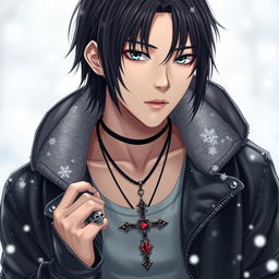 A young Japanese male with straight, medium-length hair, dressed in a stylish leather jacket over a tank top, standing in a snowy winter setting