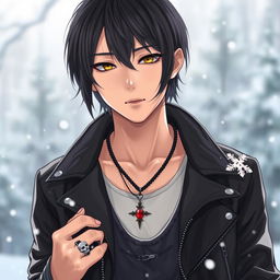 A young Japanese male with straight, medium-length hair, dressed in a stylish leather jacket over a tank top, standing in a snowy winter setting