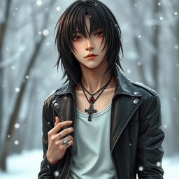 A young Japanese male with straight, medium-length hair, dressed in a stylish leather jacket over a tank top, standing in a snowy winter setting