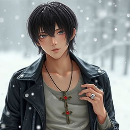 A young Japanese male with straight, medium-length hair, dressed in a stylish leather jacket over a tank top, standing in a snowy winter setting