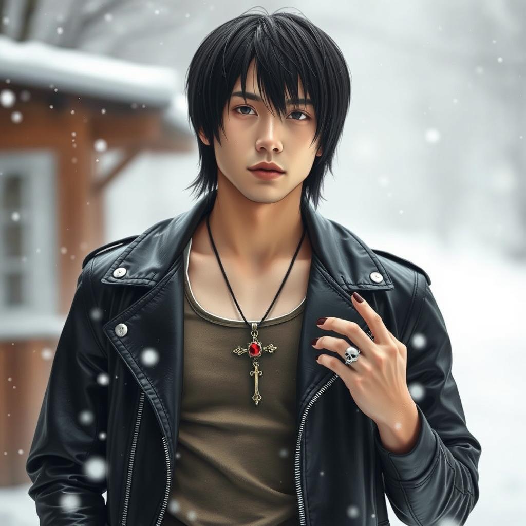 A real Japanese male with straight, medium-length hair, dressed in a stylish leather jacket over a tank top, standing in a snowy winter setting