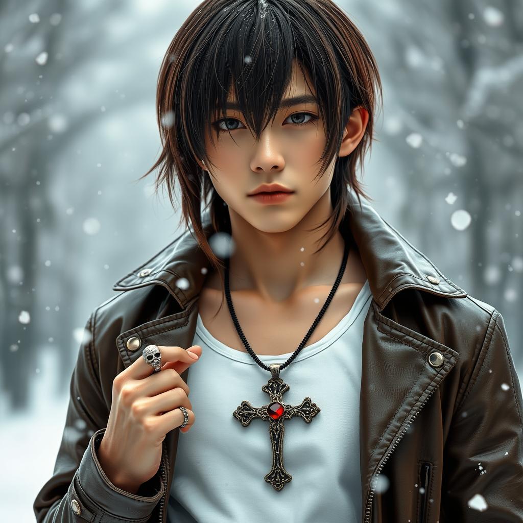 A real Japanese male with straight, medium-length hair, dressed in a stylish leather jacket over a tank top, standing in a snowy winter setting