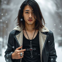 A real Japanese male with straight, medium-length hair, dressed in a stylish leather jacket over a tank top, standing in a snowy winter setting