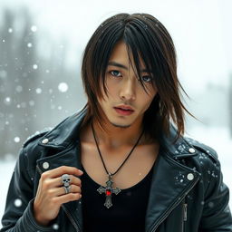 A real Japanese male with straight, medium-length hair, dressed in a stylish leather jacket over a tank top, standing in a snowy winter setting