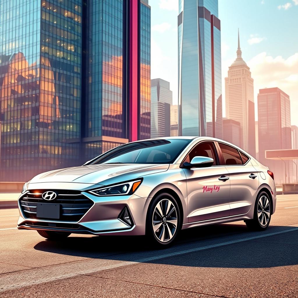 Design artwork for the Hyundai Elantra 2024 as a gift for women entrepreneurs, inspired by Mary Kay, with a strong business orientation