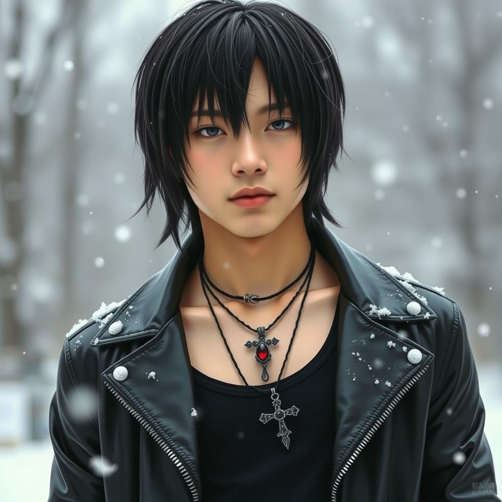 A real young Japanese male with straight, medium-length hair, dressed in a stylish leather jacket over a tank top, standing in a snowy winter setting