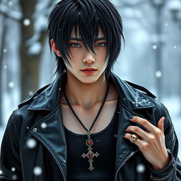 A real young Japanese male with straight, medium-length hair, dressed in a stylish leather jacket over a tank top, standing in a snowy winter setting