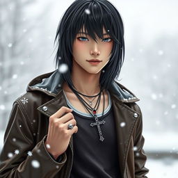 A real young Japanese male with straight, medium-length hair, dressed in a stylish leather jacket over a tank top, standing in a snowy winter setting