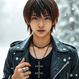 A real young Japanese male with straight, medium-length hair, dressed in a stylish leather jacket over a tank top, standing in a snowy winter setting