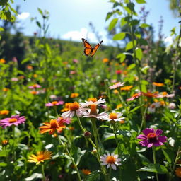 A serene outdoor scene in a lush, green garden with clear skies, colorful flowers in full bloom, and vibrant foliage