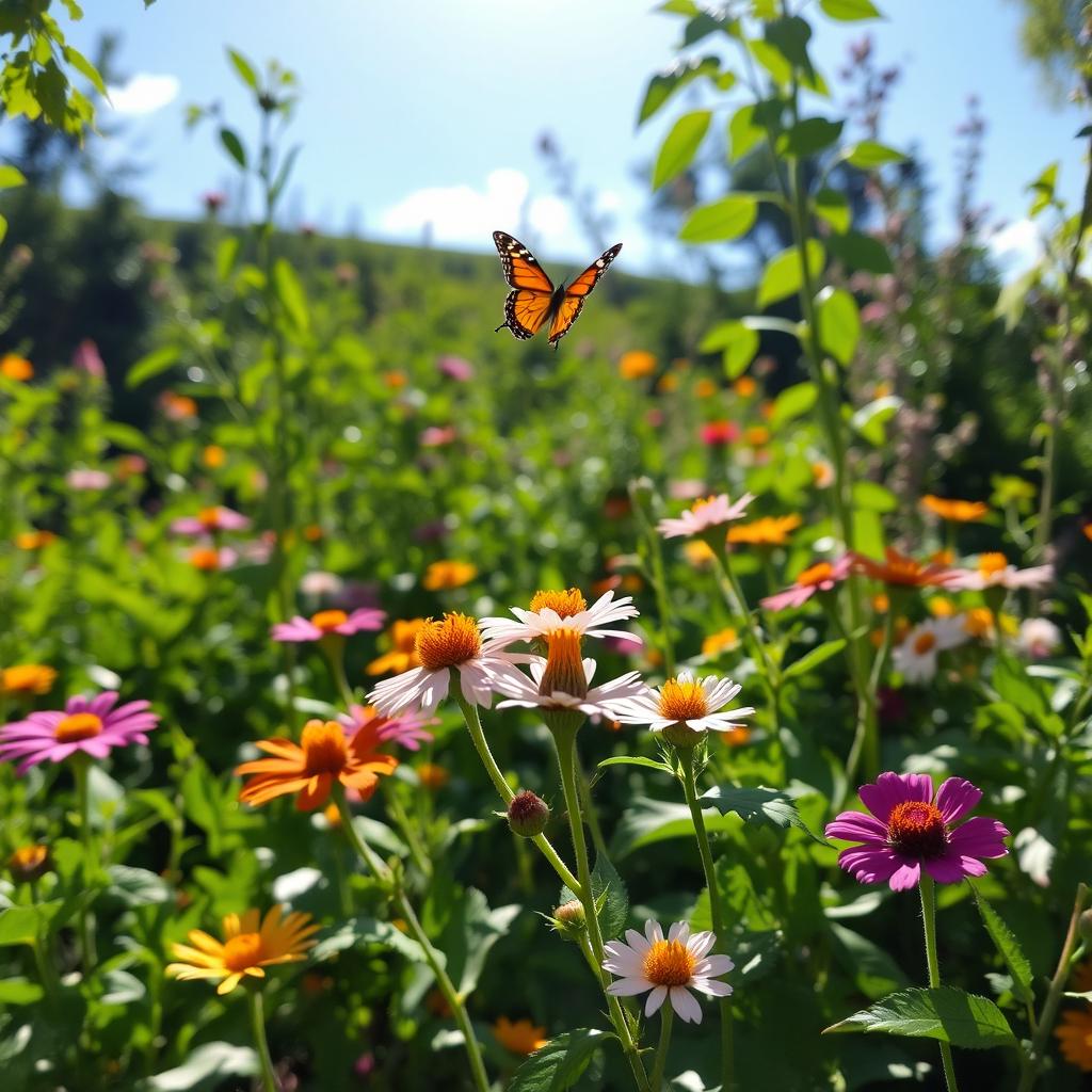 A serene outdoor scene in a lush, green garden with clear skies, colorful flowers in full bloom, and vibrant foliage