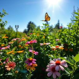 A serene outdoor scene in a lush, green garden with clear skies, colorful flowers in full bloom, and vibrant foliage