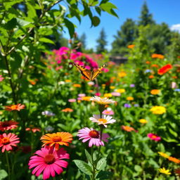 A serene outdoor scene in a lush, green garden with clear skies, colorful flowers in full bloom, and vibrant foliage