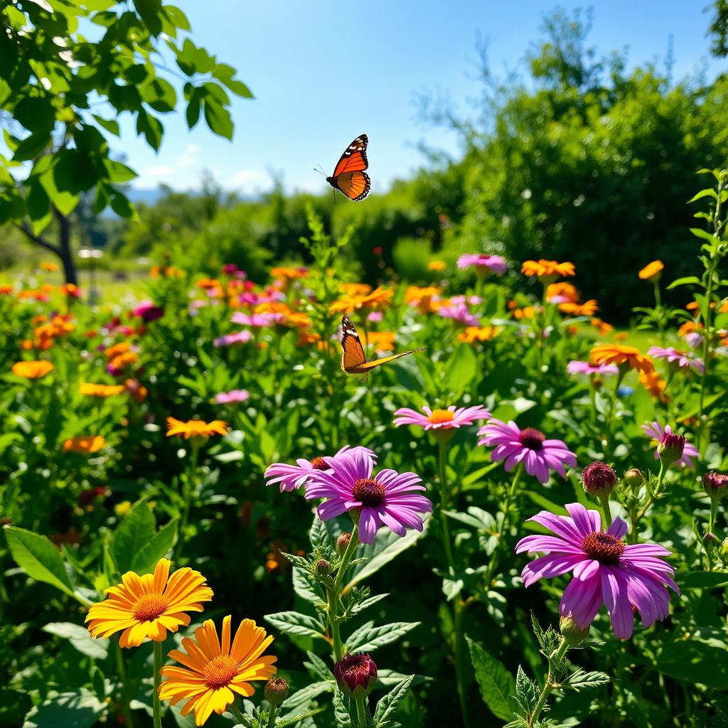 A serene outdoor scene in a lush, green garden with clear skies, colorful flowers in full bloom, and vibrant foliage