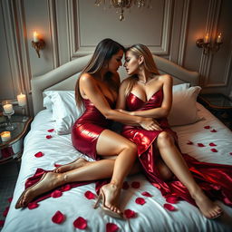 In a luxurious London bedroom, two glamorous, slim women explore each other in a moment of pure ecstasy, passion, and lust