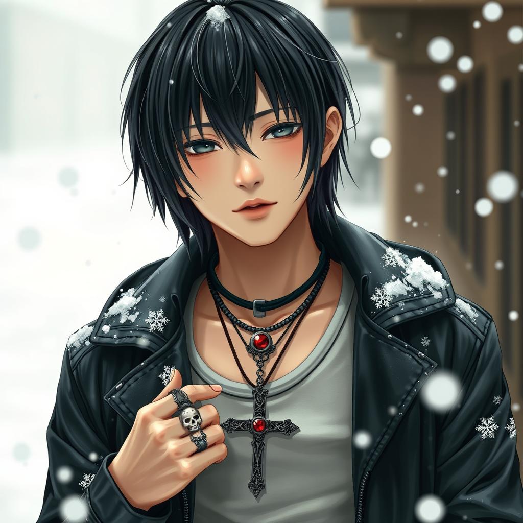 A real young Japanese male with straight, medium-length hair, wearing a stylish leather jacket over a tank top, set in a snowy winter environment