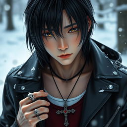 A real young Japanese male with straight, medium-length hair, wearing a stylish leather jacket over a tank top, set in a snowy winter environment