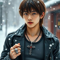 A real young Japanese male with straight, medium-length hair, wearing a stylish leather jacket over a tank top, set in a snowy winter environment