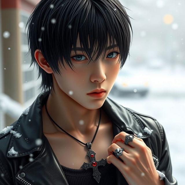 A real young Japanese male with straight, medium-length hair, wearing a stylish leather jacket over a tank top, set in a snowy winter environment