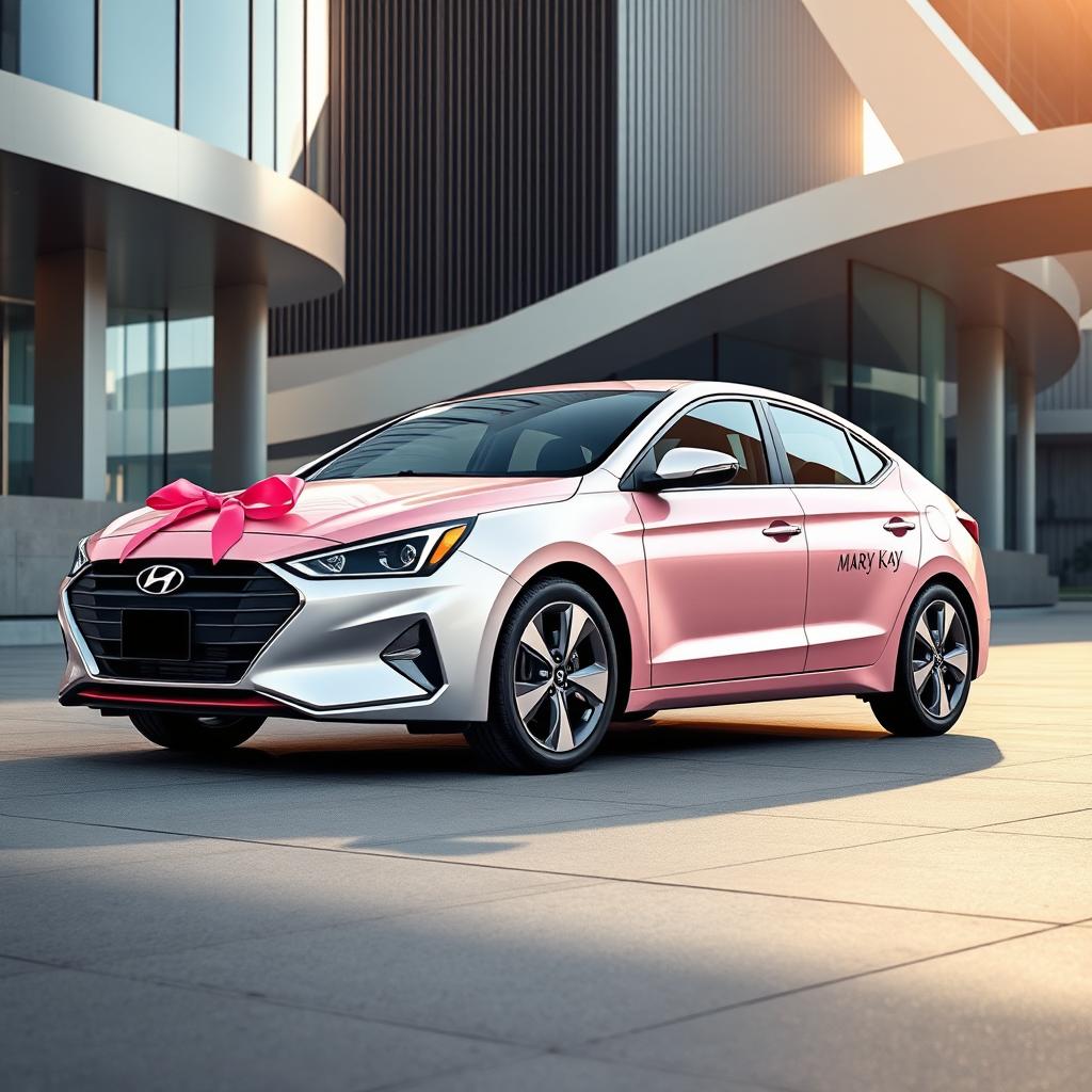 Create a modern and sleek design for the Hyundai Elantra 2024, tailored as a gift for women entrepreneurs, with distinctive elements of Mary Kay style