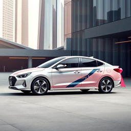 Create a modern and sleek design for the Hyundai Elantra 2024, tailored as a gift for women entrepreneurs, with distinctive elements of Mary Kay style