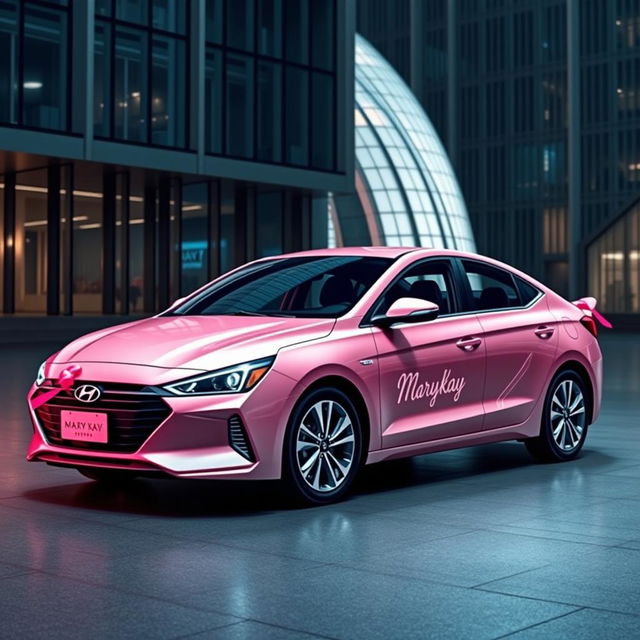 Create a modern and sleek design for the Hyundai Elantra 2024, tailored as a gift for women entrepreneurs, with distinctive elements of Mary Kay style