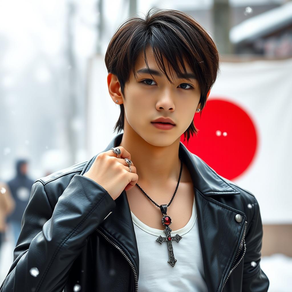 A real young K-pop idol male with straight, medium-length hair, flaunting a trendy leather jacket over a tank top in a wintry setting