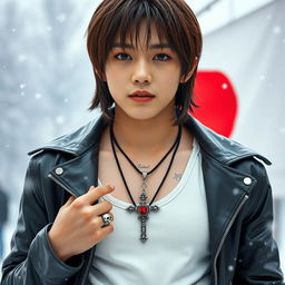 A real young K-pop idol male with straight, medium-length hair, flaunting a trendy leather jacket over a tank top in a wintry setting