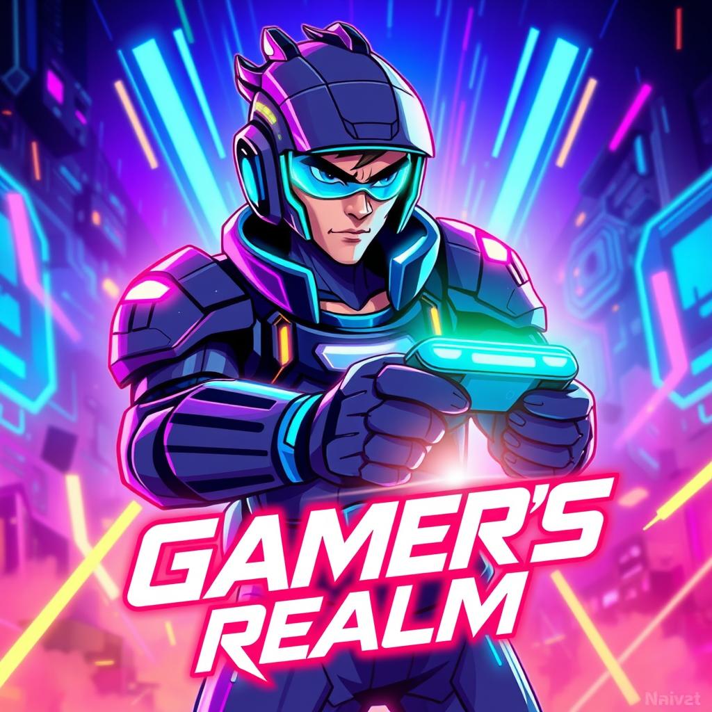 A vibrant and dynamic gaming thumbnail featuring a stylized gamer character in a futuristic cyberpunk setting