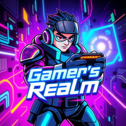 A vibrant and dynamic gaming thumbnail featuring a stylized gamer character in a futuristic cyberpunk setting