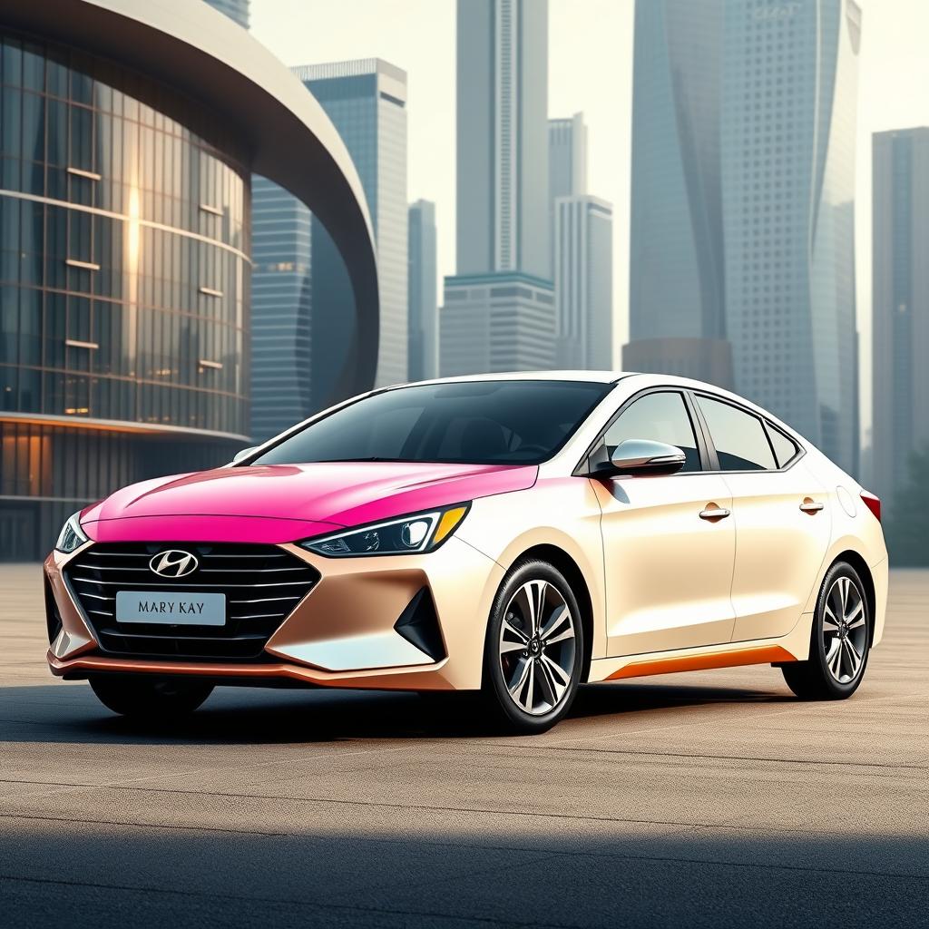 Create an ultra-modern design for the Hyundai Elantra 2024 as a gift for young businesswomen, infused with Mary Kay style