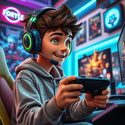 An animated, eye-catching thumbnail featuring a teenage boy avidly playing video games in a vibrant gaming setup