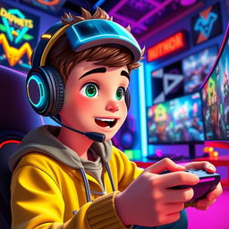 An animated, eye-catching thumbnail featuring a teenage boy avidly playing video games in a vibrant gaming setup