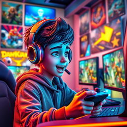 An animated, eye-catching thumbnail featuring a teenage boy avidly playing video games in a vibrant gaming setup