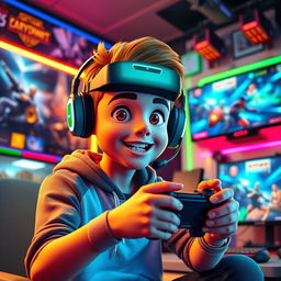 An animated, eye-catching thumbnail featuring a teenage boy avidly playing video games in a vibrant gaming setup