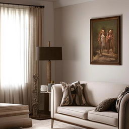 A luxurious living room decorated on a budget, with cost-effective yet elegant furniture, tasteful artworks, and ambient lighting creating a warm and inviting atmosphere.