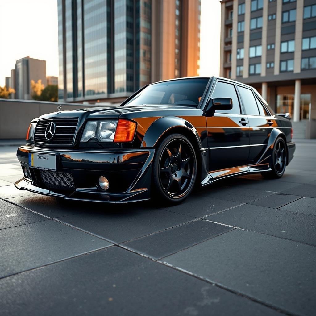 A Mercedes 190e Evolution with a custom body kit, painted in a sleek black color