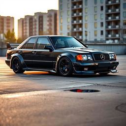 A Mercedes 190e Evolution with a custom body kit, painted in a sleek black color