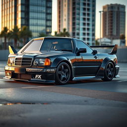 A Mercedes 190e Evolution with a custom body kit, painted in a sleek black color