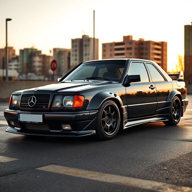 A Mercedes 190e Evolution with a custom body kit, painted in a sleek black color