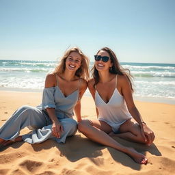 Two women enjoying a serene beach scene, sitting together on the soft golden sand, surrounded by the gentle waves of the ocean