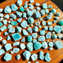 A beautiful wooden table covered with an assortment of Amazonite crystals, each displaying unique shades of blue-green and delicate white marbling