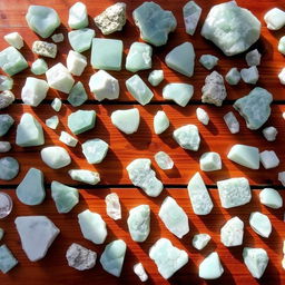 A beautiful wooden table covered with an assortment of Amazonite crystals, each displaying unique shades of blue-green and delicate white marbling