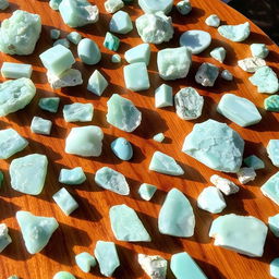 A beautiful wooden table covered with an assortment of Amazonite crystals, each displaying unique shades of blue-green and delicate white marbling