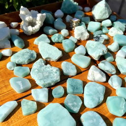 A beautiful wooden table covered with an assortment of Amazonite crystals, each displaying unique shades of blue-green and delicate white marbling