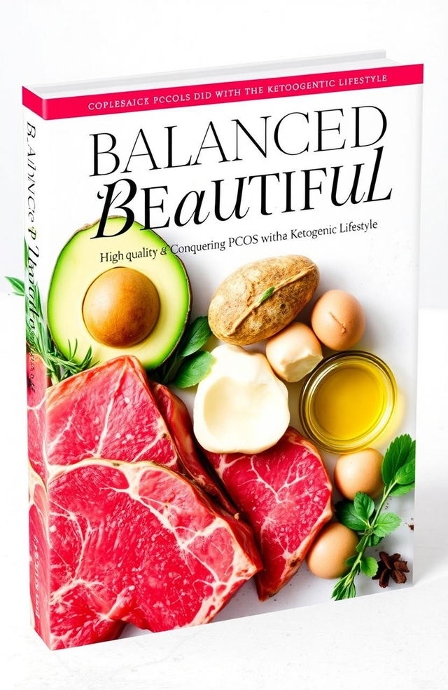 A captivating book cover design for 'Balanced & Beautiful: Conquering PCOS with the Ketogenic Lifestyle'