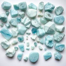 An array of large and small Amazonite crystals displayed on a pristine white backdrop