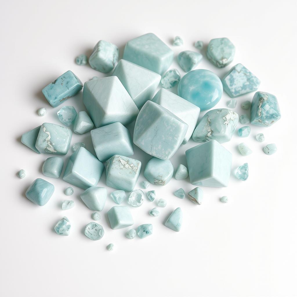 An array of large and small Amazonite crystals displayed on a pristine white backdrop